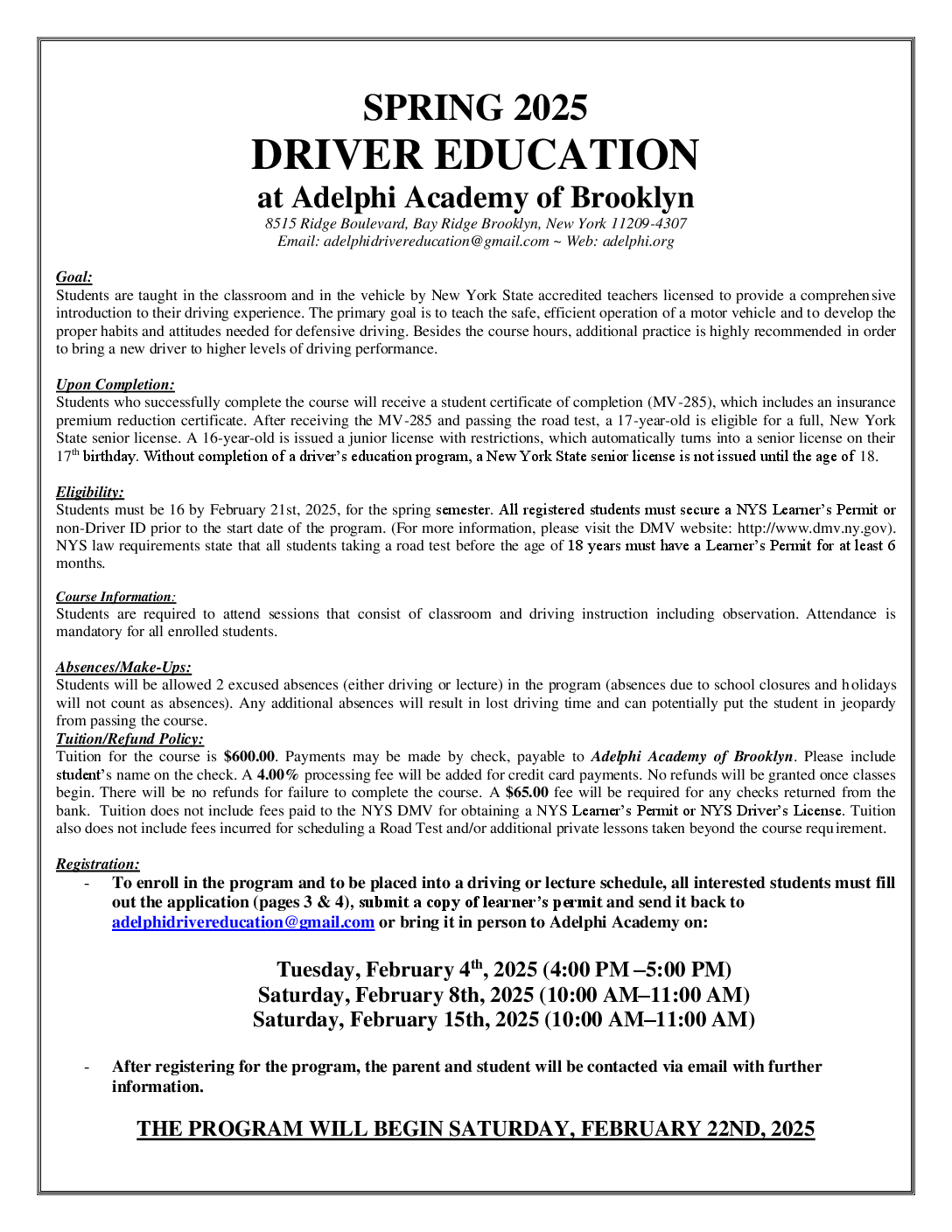 Fall Driver's Ed Letter and Application